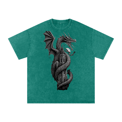 Snow Wash Tee in Dark Green — back detail shot showing drop shoulder seam and deep green washed fabric
