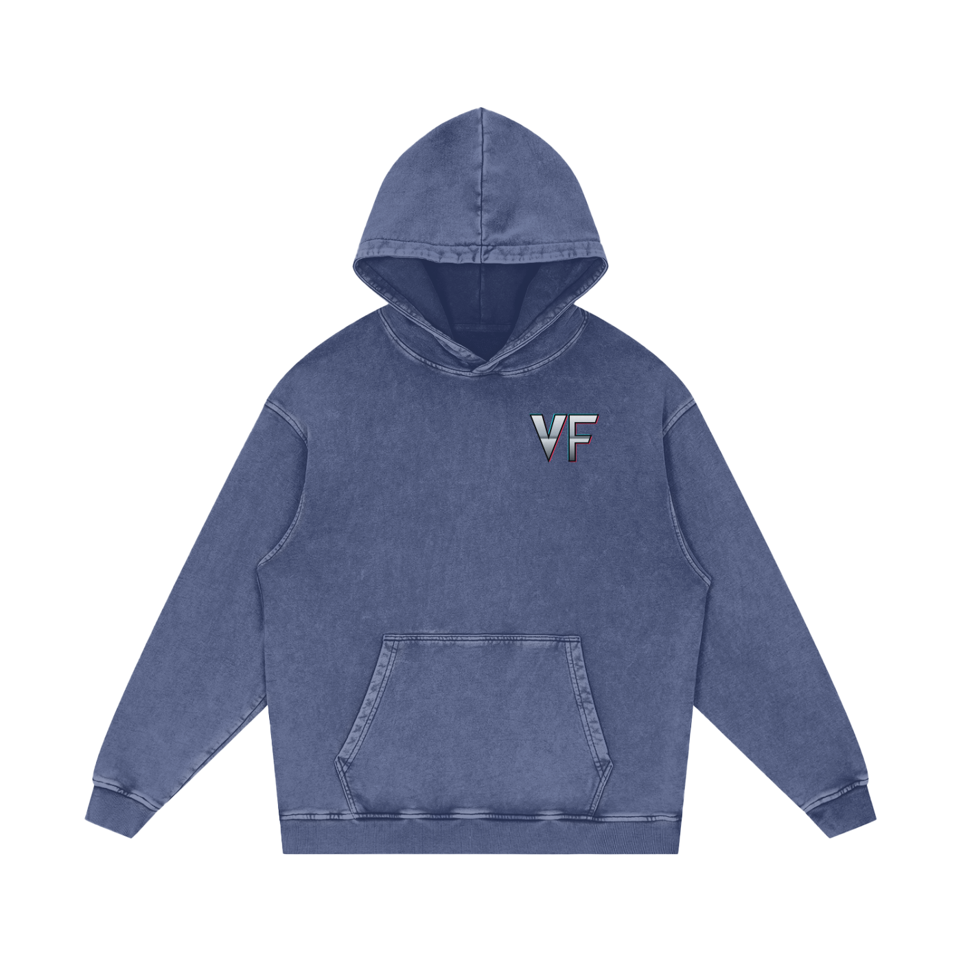 Kael Ember Wraith Hoodie in Dark Blue — VF chest logo on navy snow washed 420 GSM dark fantasy original character fire hoodie