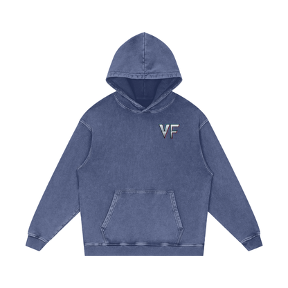 Kael Ember Wraith Hoodie in Dark Blue — VF chest logo on navy snow washed 420 GSM dark fantasy original character fire hoodie