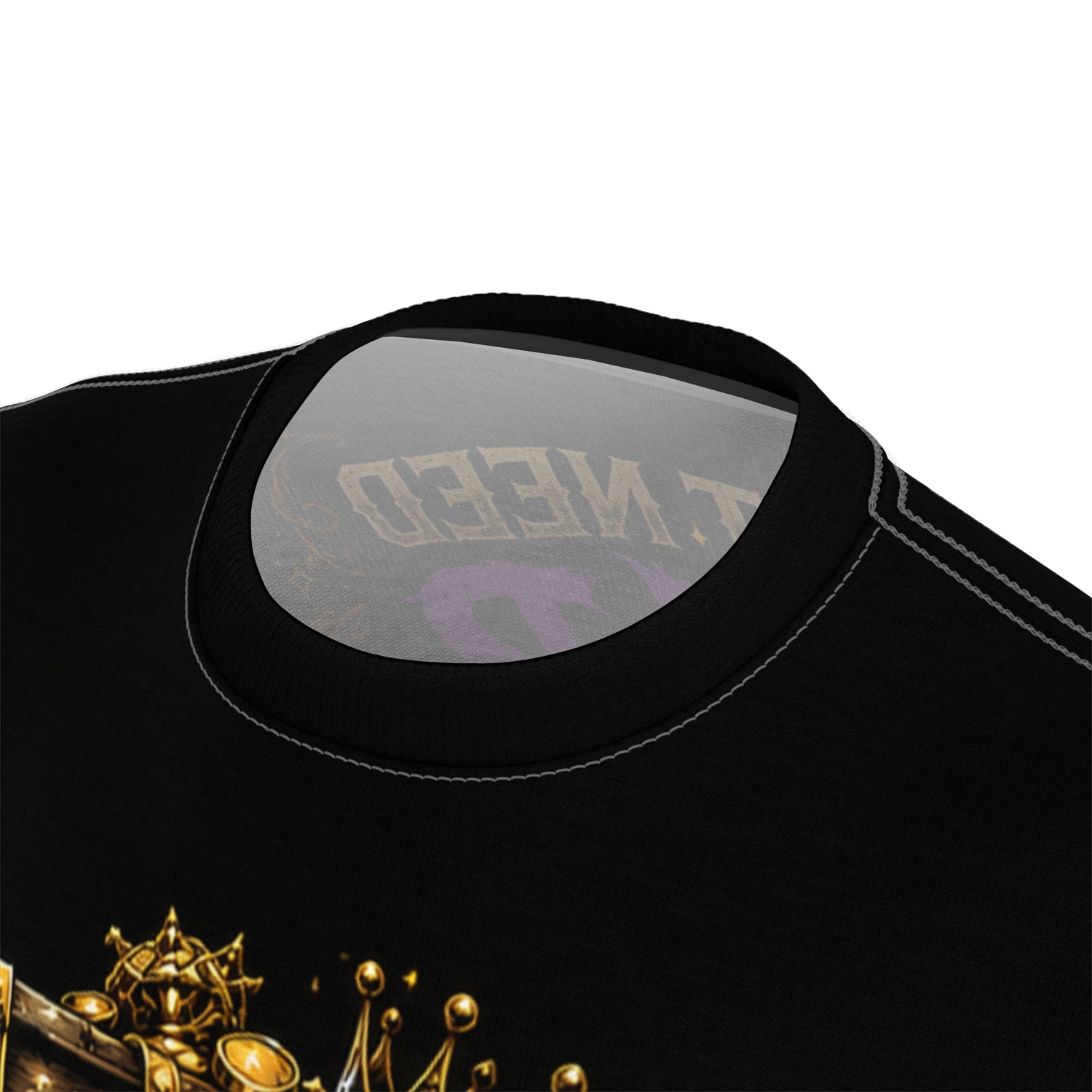 Goblin Treasure Haul all over print tee — close-up of collar area showing seamless all-over sublimation
