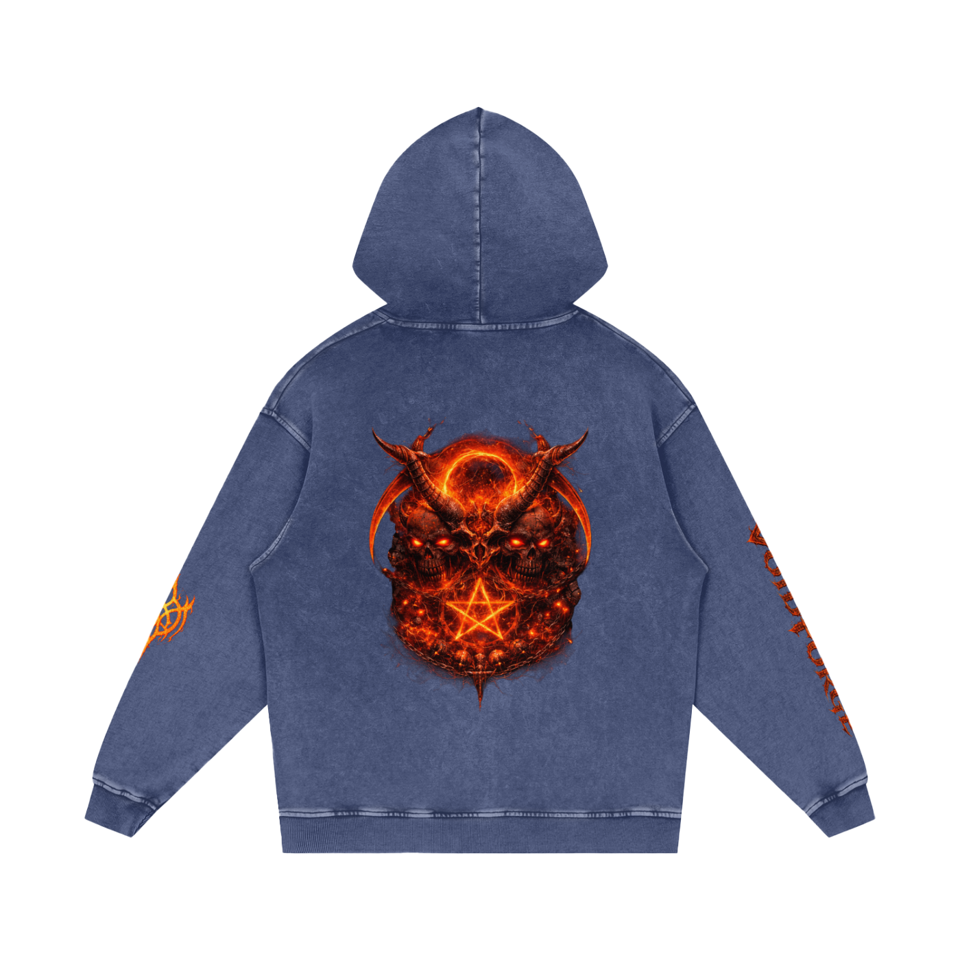 Flaming Demon Skull Hoodie in Dark Red — VF logo chest on dark red premium snow washed cotton oversized dark fantasy gothic hoodie