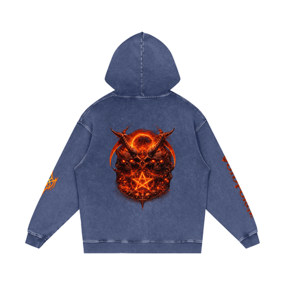 Flaming Demon Skull Hoodie in Dark Red — VF logo chest on dark red premium snow washed cotton oversized dark fantasy gothic hoodie