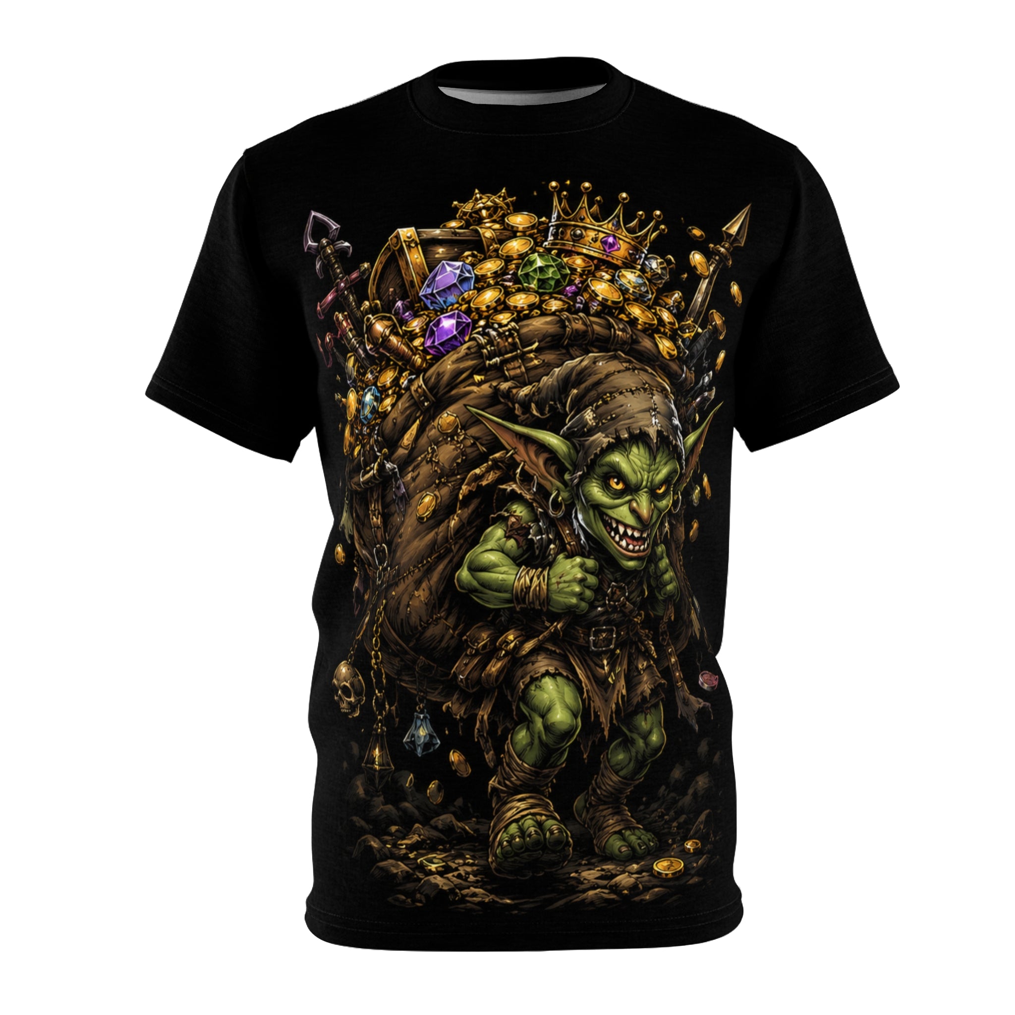Goblin Treasure Haul Tee — back view showing full all-over sublimation print with fantasy loot design