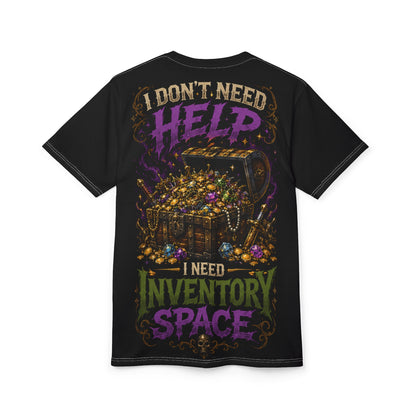 Goblin Treasure Haul shirt — flat lay showing full all-over goblin loot graphic from collar to hem