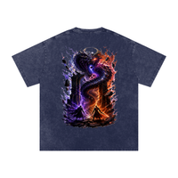The World Eater — Vex and Kael back to back against a common enemy, void-black and ember-red graphic on an oversized snow-wash cotton tee, VoidForge Apparel.