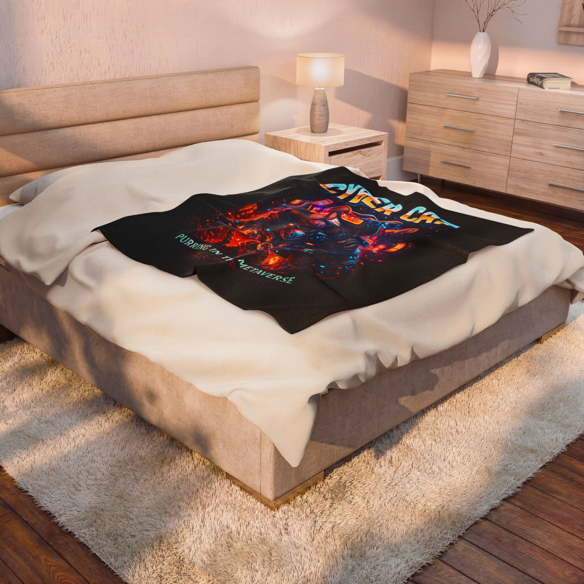 Cyber Cat Plush Blanket lifestyle shot — draped over couch showing 50x60 inch size and soft plush texture