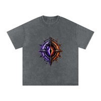 The World Eater — Vex and Kael back to back against a common enemy, void-black and ember-red graphic on an oversized snow-wash cotton tee, VoidForge Apparel.