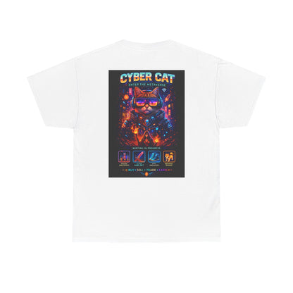 Cyber Cat cotton tee white colorway — front view showing neon cat print on white unisex shirt