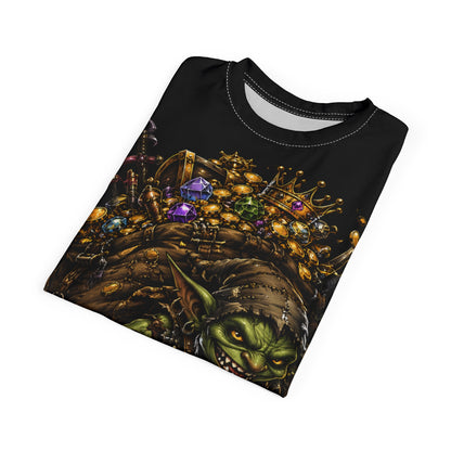Goblin Treasure Haul roleplay shirt — back detail showing all-over loot print continues across full back