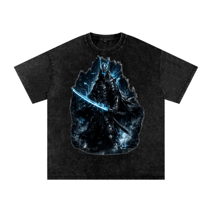 Voidborn Snow Wash Tee in Black — front view showing dark fantasy band poster chest graphic on washed oversized cotton tee