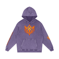 Flaming Demon Skull Hoodie back detail — demon skull with horns pentagram and ember red fire motif filling full back of 420 GSM snow wash hoodie
