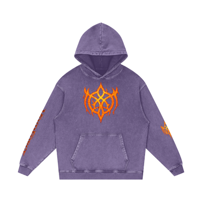 Flaming Demon Skull Hoodie back detail — demon skull with horns pentagram and ember red fire motif filling full back of 420 GSM snow wash hoodie