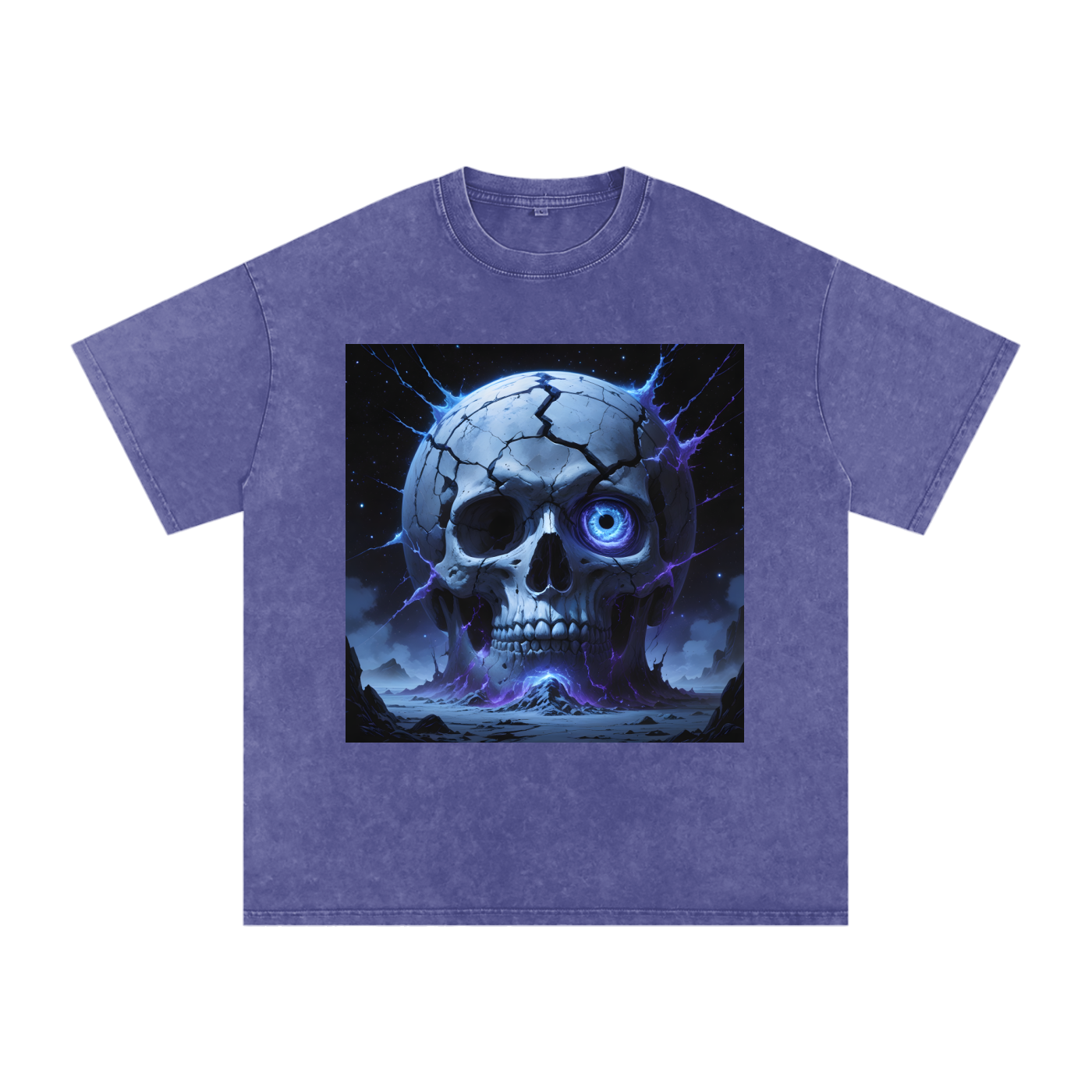 The Blind God Tee flat lay in Black — showing full ancient cosmic skull chest graphic and oversized drop shoulder silhouette on premium snow wash cotton