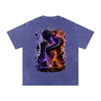 The World Eater — Vex and Kael back to back against a common enemy, void-black and ember-red graphic on an oversized snow-wash cotton tee, VoidForge Apparel.