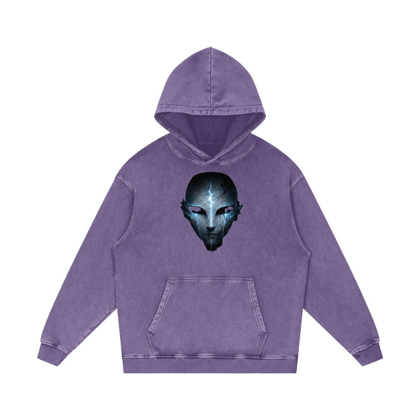 Void Sentinel Hoodie in Dark Gray — cracked spirit mask chest graphic on charcoal snow washed 420 GSM oversized dark fantasy premium cotton hoodie