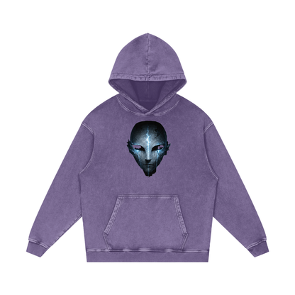 Void Sentinel Hoodie in Dark Gray — cracked spirit mask chest graphic on charcoal snow washed 420 GSM oversized dark fantasy premium cotton hoodie