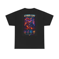 Cyber Cat heavy cotton tee — flat lay showing full front design and crew neckline