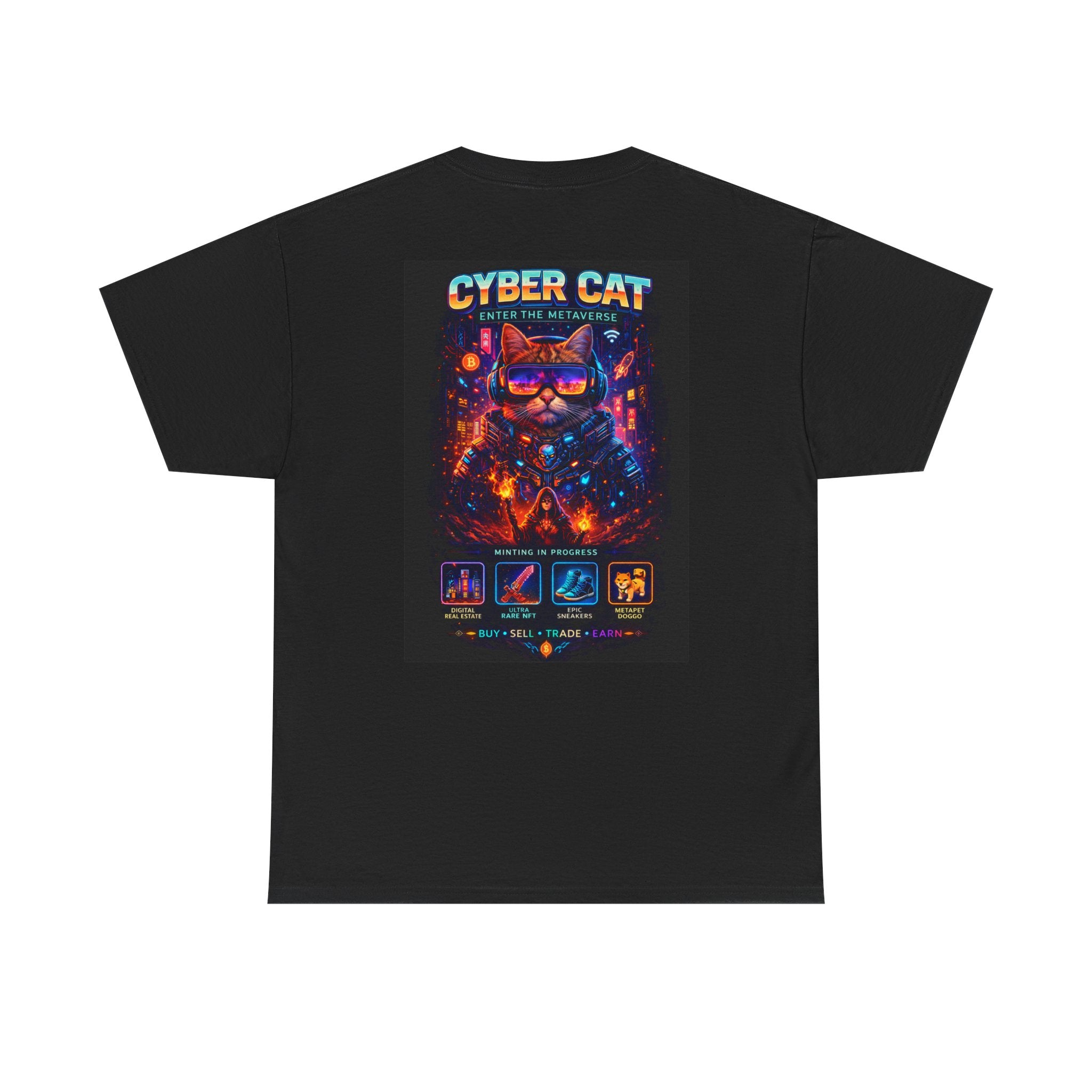 Cyber Cat heavy cotton tee — flat lay showing full front design and crew neckline