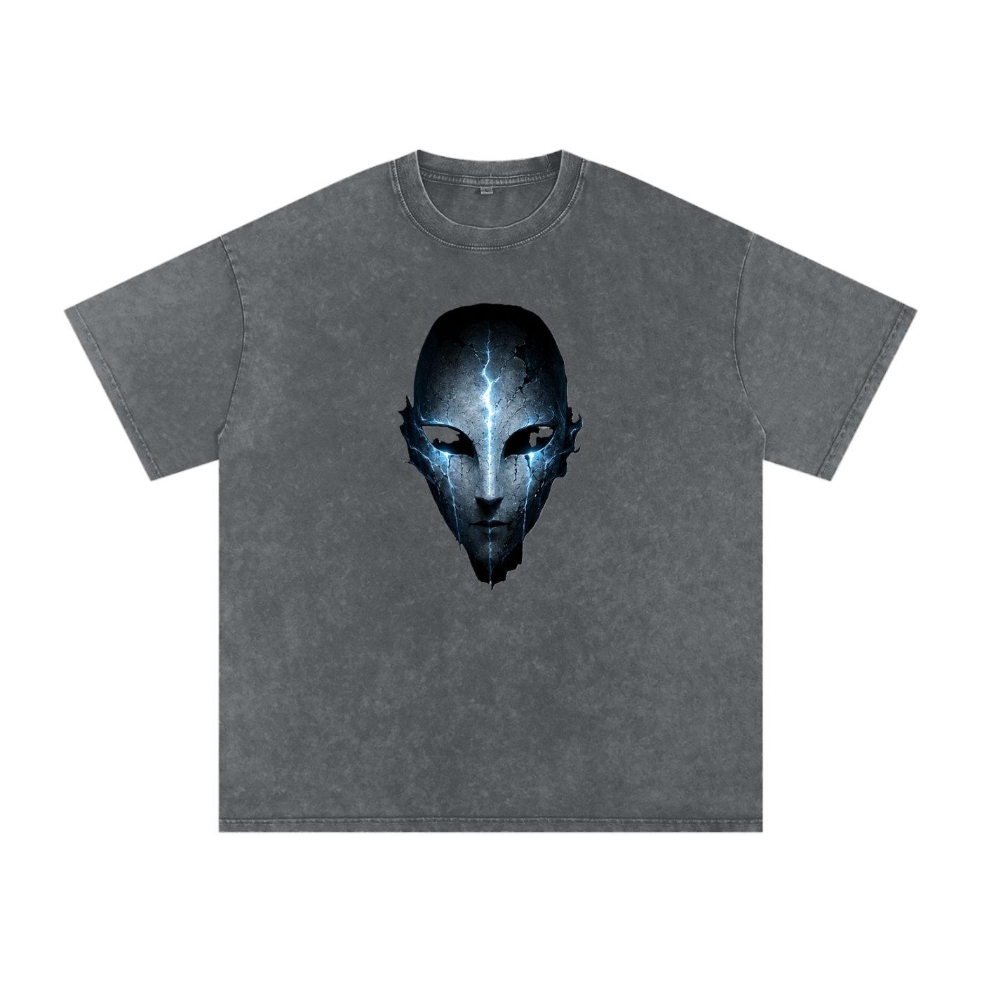 Void Sentinel Tee in Purple Haze — spirit mask front graphic on deep purple snow washed oversized cotton drop shoulder gothic tee