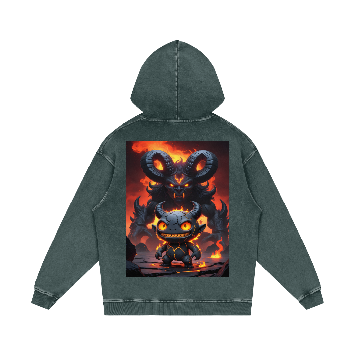 Kael Ember Wraith Hoodie back in Dark Gray — full fire demon eruption back print in ember orange and lava gold on charcoal washed premium cotton hoodie