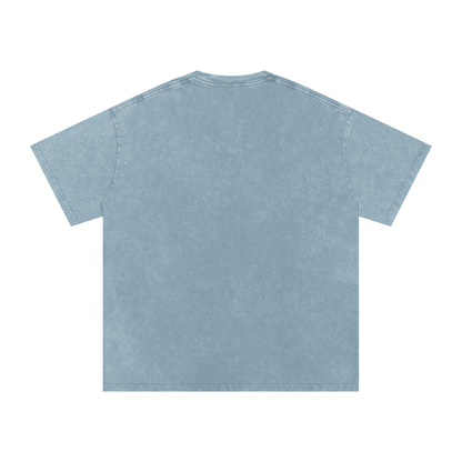 VoidForge Snow Wash Tee Black — overhead flat lay showing full tee with drop shoulder cut and washed texture