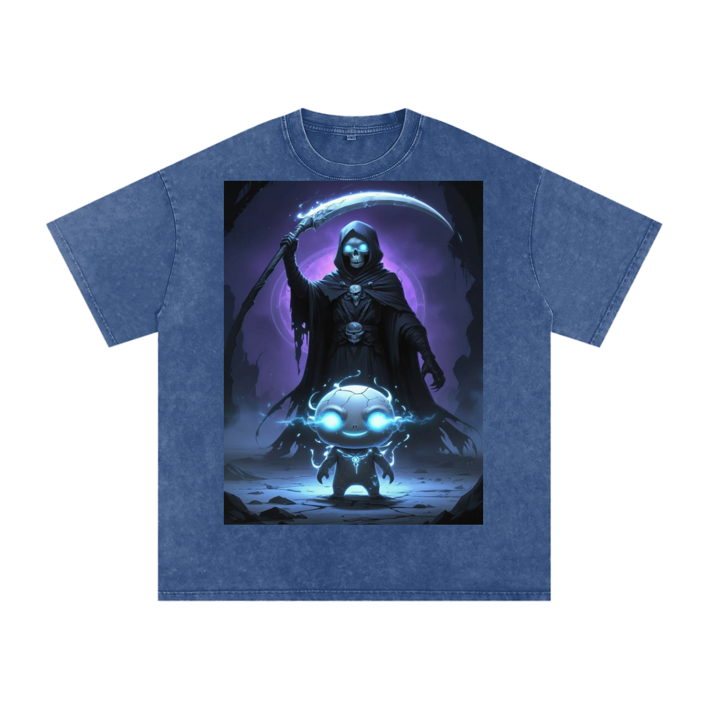 Kael Ember Wraith Tee in Pirate Gray — lava stone creature chest graphic with fire demon shadow on charcoal snow washed oversized dark fantasy tee