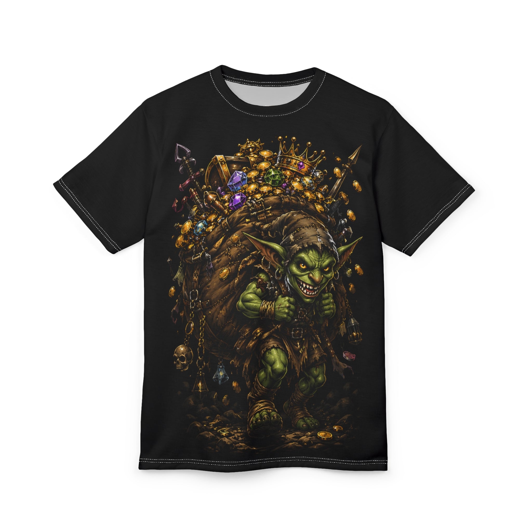 Goblin Treasure Haul all over print shirt — male model wearing tee showing chaotic goblin loot artwork