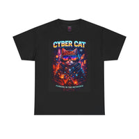 Cyber Cat unisex graphic tee — back view showing full artwork on black cotton shirt