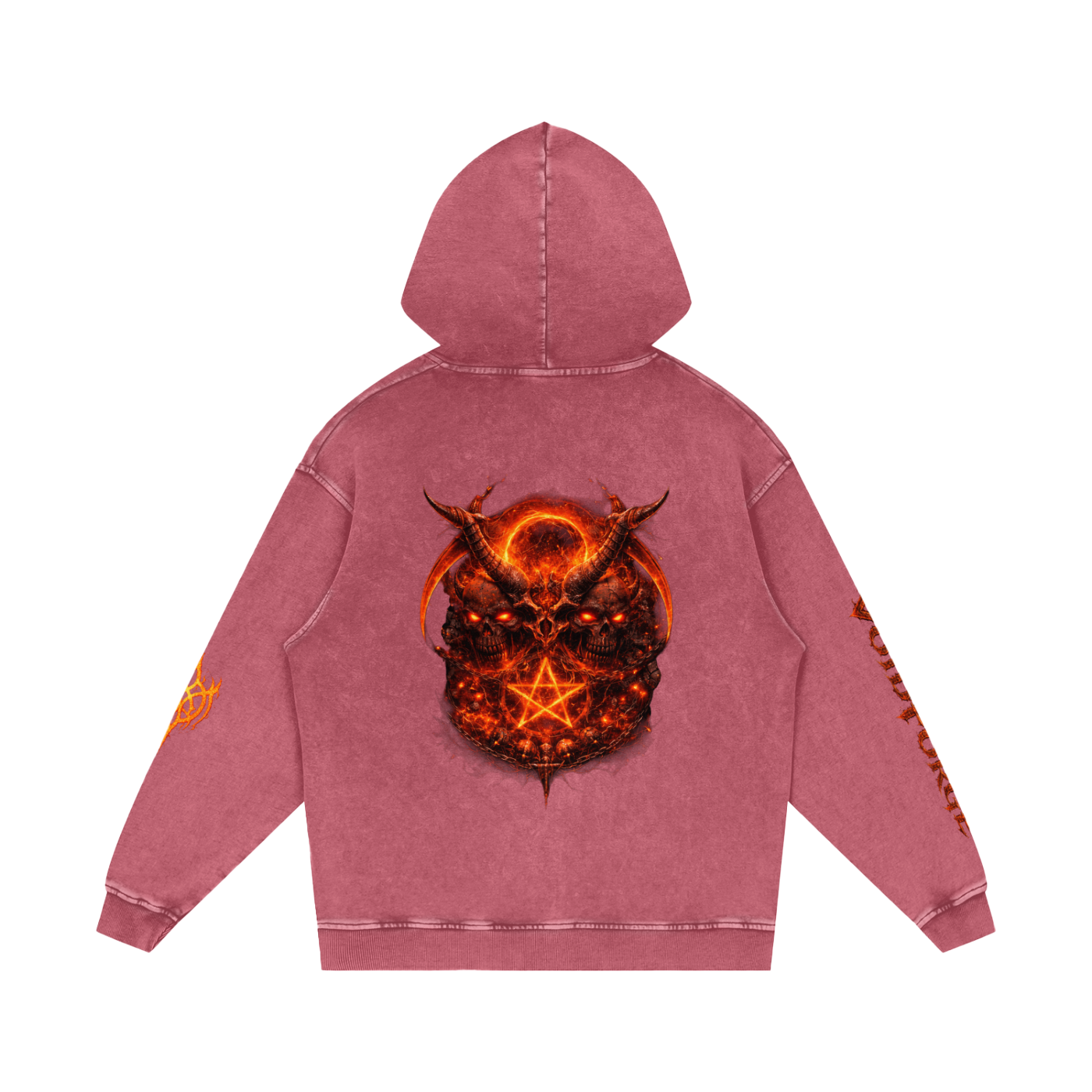 Flaming Demon Skull Hoodie in Purple — VF logo chest on deep purple premium 420 GSM snow washed cotton dark fantasy hoodie