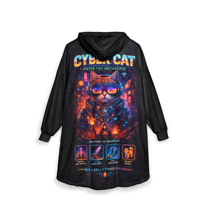 Cyber Cat Hooded Blanket — flat lay showing full retro futuristic cat all-over print and blanket dimensions