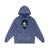 Void Sentinel Hoodie in Purple — haunted spirit mask front print with cold blue hollow eyes on deep purple snow washed 420 GSM cotton gothic hoodie