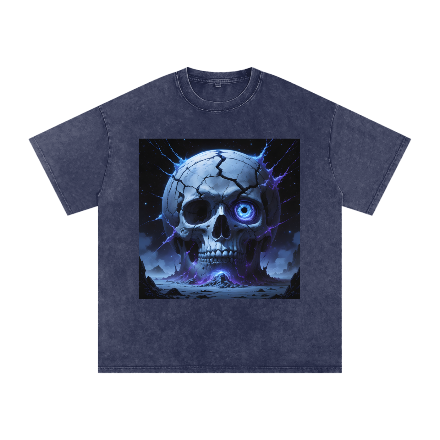 The Blind God Tee in Royal Blue — ancient cosmic skull with swirling galaxy iris and blue void energy on royal blue snow washed oversized drop shoulder tee