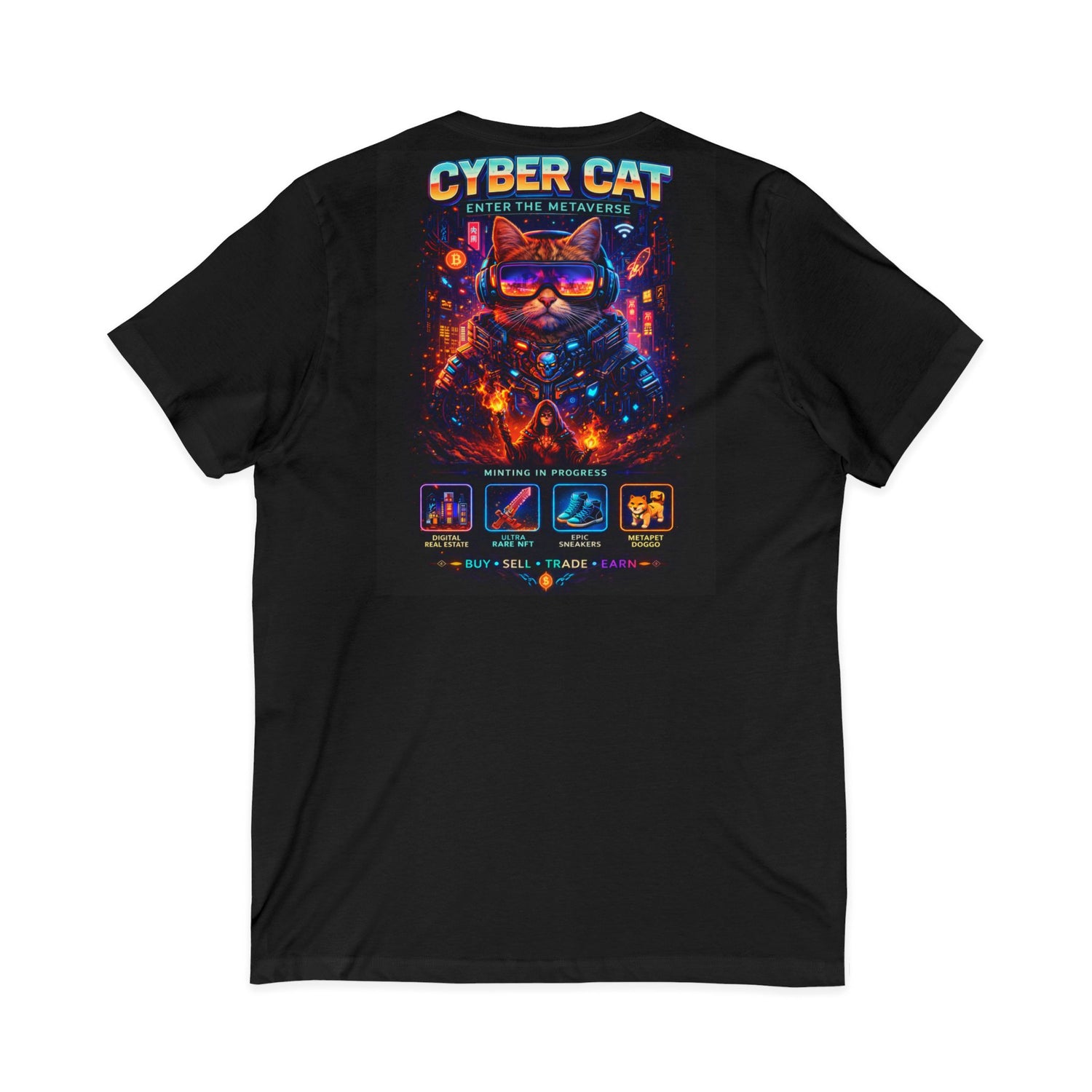 Cyber Cat gamer shirt — model wearing black V-neck tee showing front and side profile