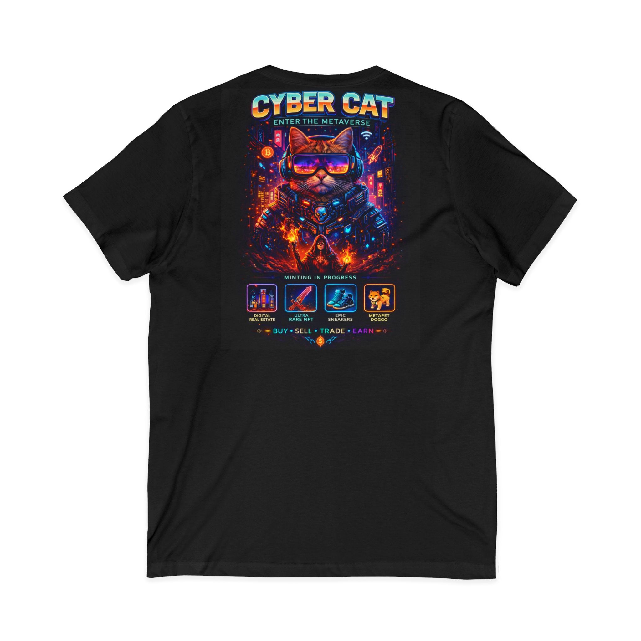 Cyber Cat gamer shirt — model wearing black V-neck tee showing front and side profile