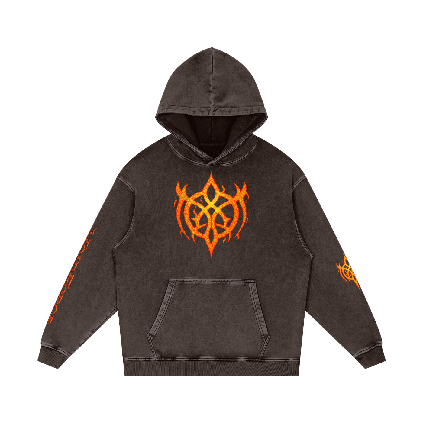 Flaming Demon Skull Hoodie in Light Gray — VF logo front on gray premium 420 GSM snow wash oversized dark fantasy cotton hoodie
