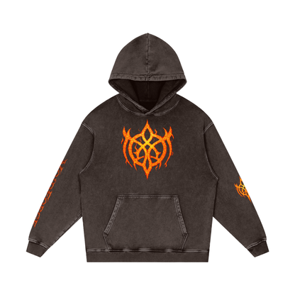 Flaming Demon Skull Hoodie in Light Gray — VF logo front on gray premium 420 GSM snow wash oversized dark fantasy cotton hoodie