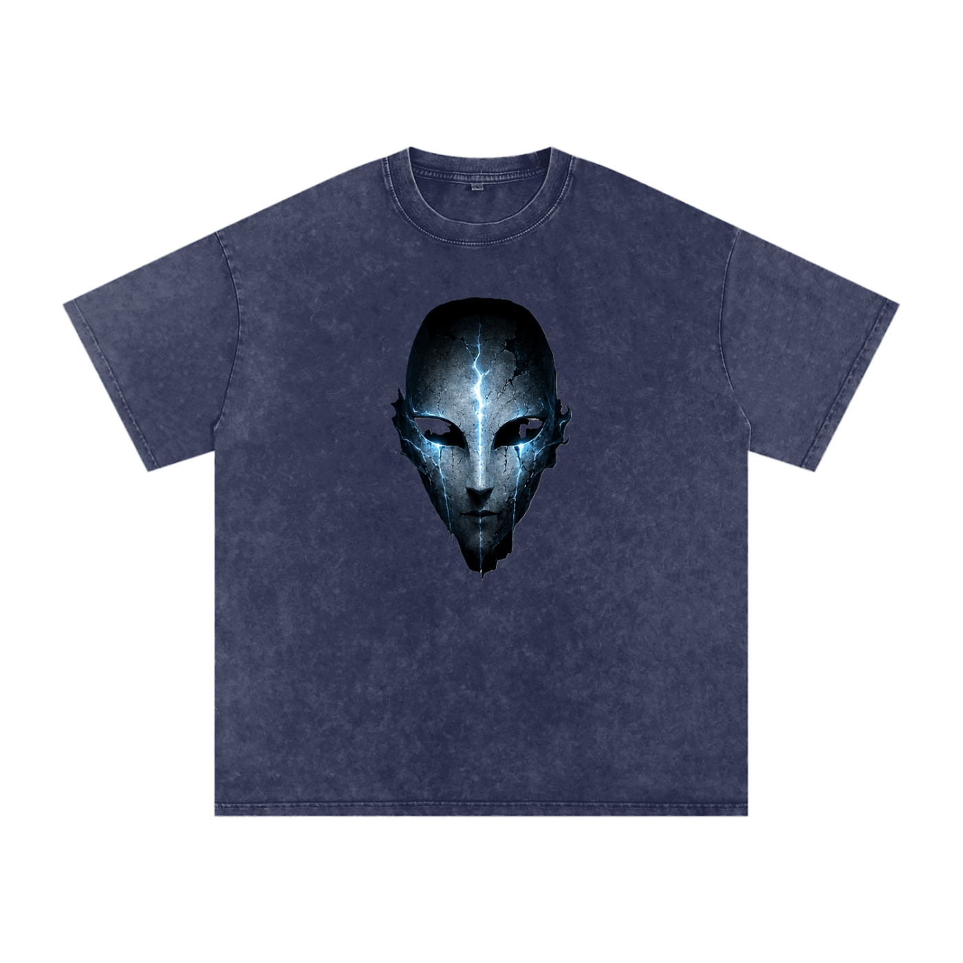Void Sentinel Tee in Pirate Gray — front showing haunted spirit mask chest graphic with hollow glowing eyes on charcoal snow washed drop shoulder tee