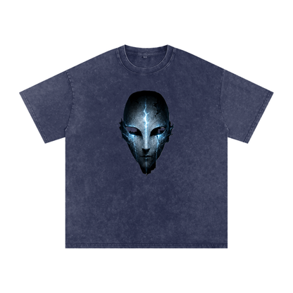 Void Sentinel Tee in Pirate Gray — front showing haunted spirit mask chest graphic with hollow glowing eyes on charcoal snow washed drop shoulder tee