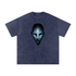Void Sentinel Tee in Pirate Gray — front showing haunted spirit mask chest graphic with hollow glowing eyes on charcoal snow washed drop shoulder tee