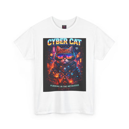 Cyber Cat graphic tee — male model wearing black shirt showing chest print and relaxed fit