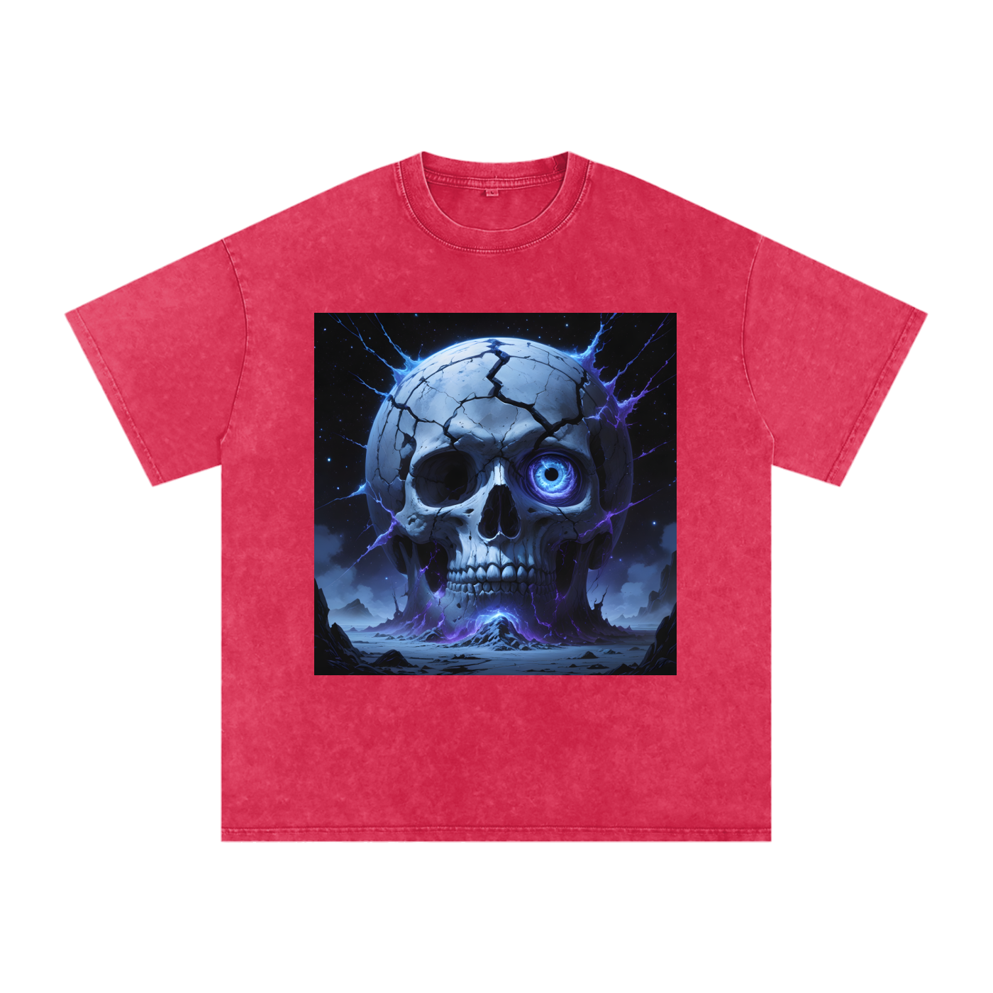 The Blind God Tee lifestyle shot — dark fantasy cosmic horror tee showing premium snow wash oversized fit with ancient skull graphic in gothic streetwear aesthetic