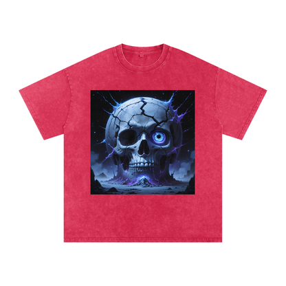 The Blind God Tee lifestyle shot — dark fantasy cosmic horror tee showing premium snow wash oversized fit with ancient skull graphic in gothic streetwear aesthetic