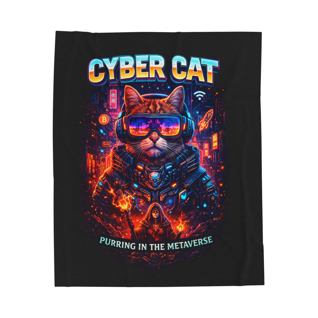 Cyber Cat plush blanket featuring a futuristic cat in VR goggles surrounded by a neon cyberpunk cityscape with vibrant sci-fi artwork.