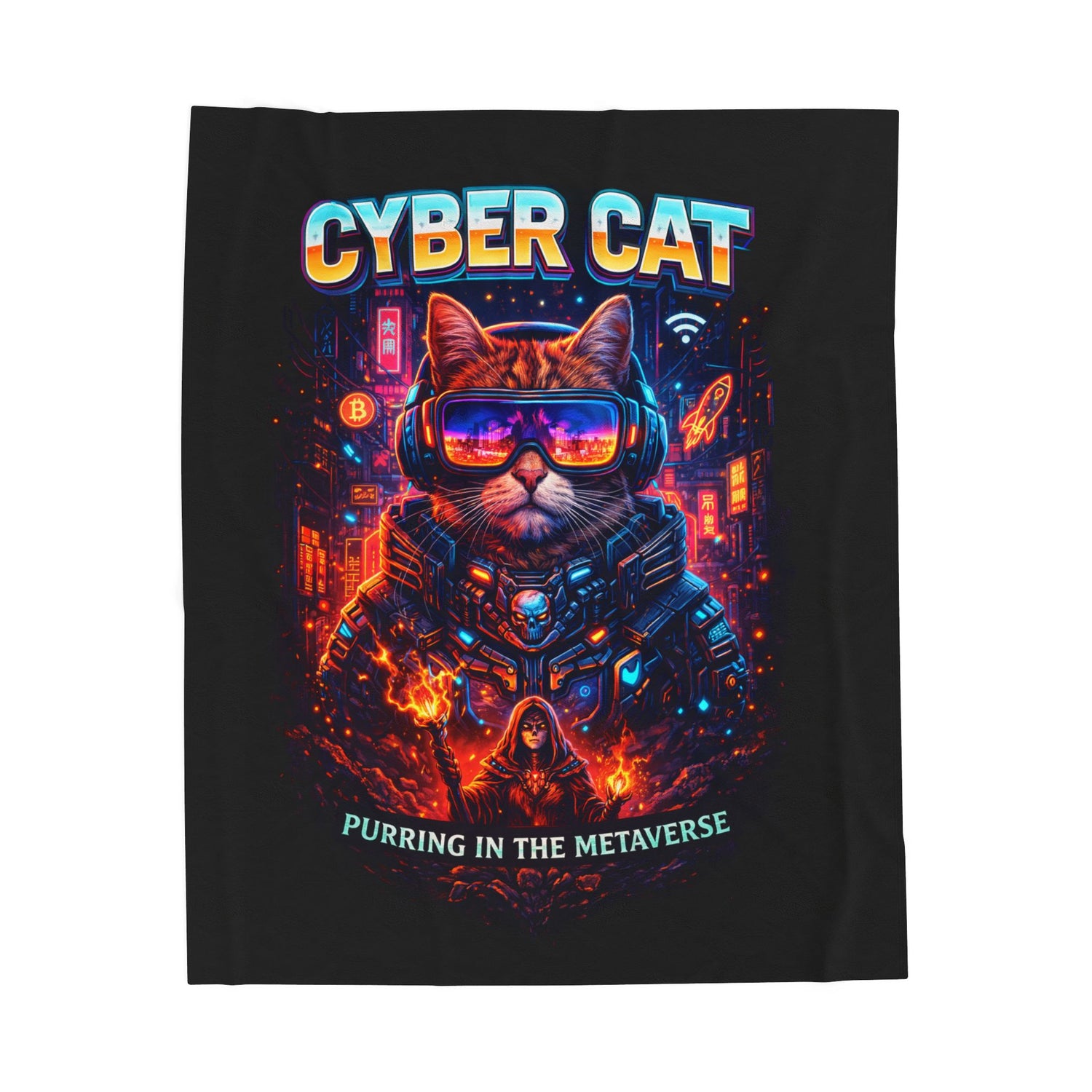 Cyber Cat plush blanket featuring a futuristic cat in VR goggles surrounded by a neon cyberpunk cityscape with vibrant sci-fi artwork.