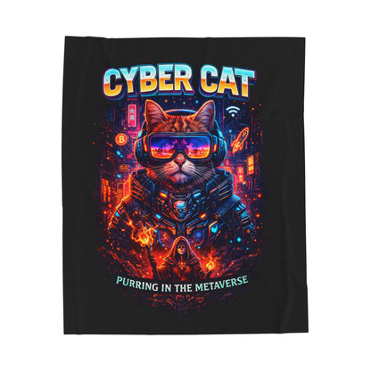 Cyber Cat plush blanket featuring a futuristic cat in VR goggles surrounded by a neon cyberpunk cityscape with vibrant sci-fi artwork.