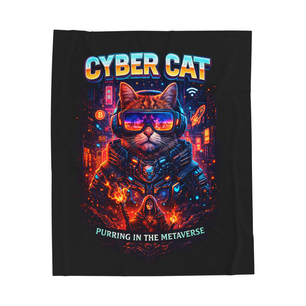 Cyber Cat plush blanket featuring a futuristic cat in VR goggles surrounded by a neon cyberpunk cityscape with vibrant sci-fi artwork.