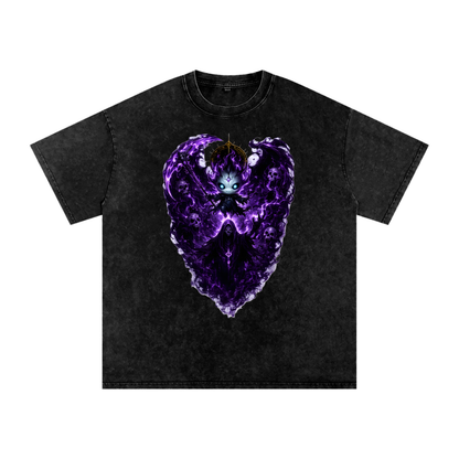Vex the Void Wraith Tee in Black — front view showing full original character chest graphic with cold blue eyes purple death god aura on snow washed oversized tee
