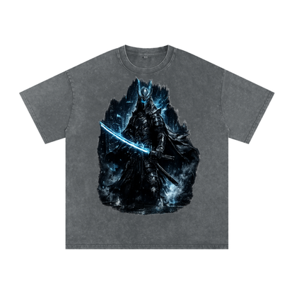 Voidborn Snow Wash Tee — model wearing oversized washed dark fantasy tee showing streetwear gothic aesthetic fit