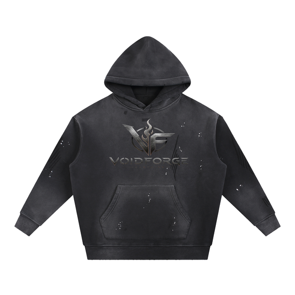 Oversized heavyweight fleece pullover hoodie with a vintage acid-wash finish, raw frayed hem and cuffs, and a structured hood