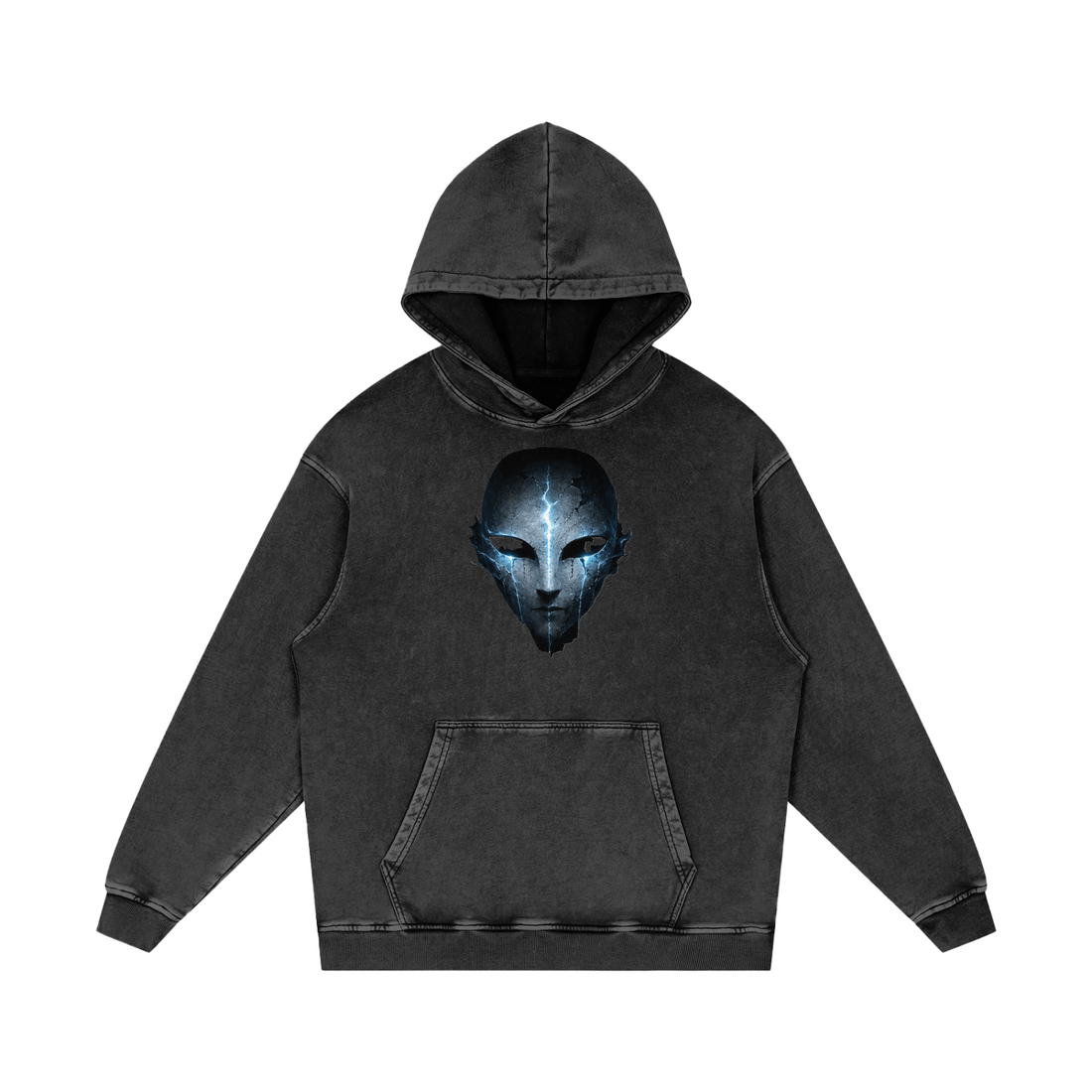 Void Sentinel Snow Wash Hoodie in Black Beauty — front view showing cracked spirit mask chest graphic with cold blue glowing eye sockets on premium 420 GSM washed cotton hoodie